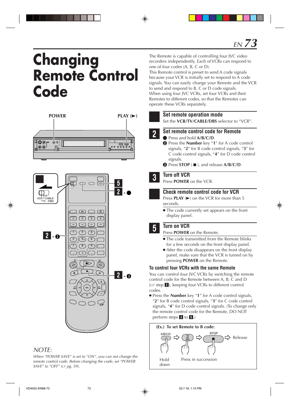 Changing remote control code | JVC SR-VD400U User Manual | Page 73 / 92