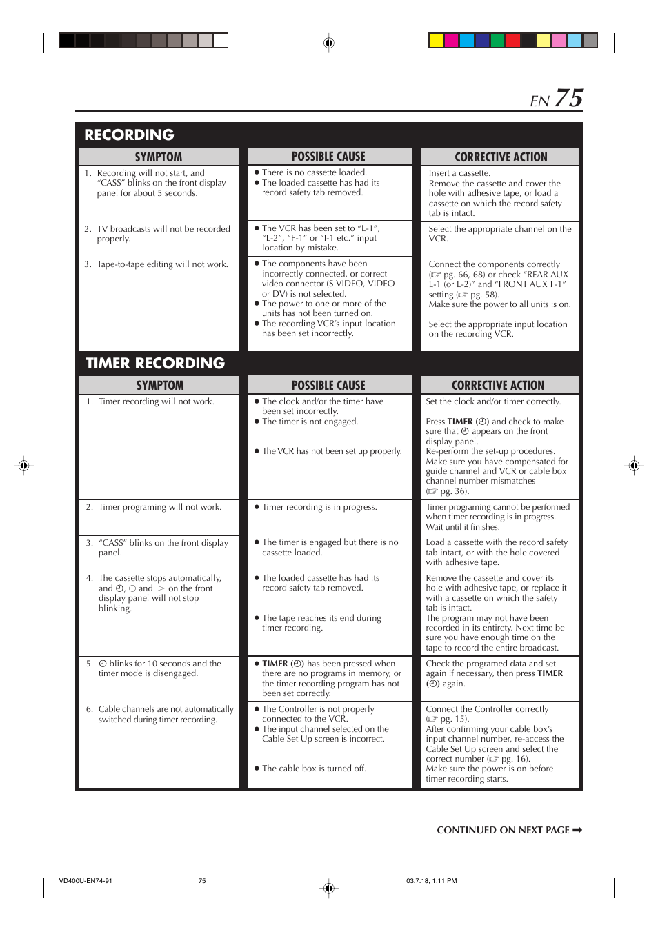 Recording, Timer recording, Corrective action | Possible cause, Symptom | JVC SR-VD400U User Manual | Page 75 / 92