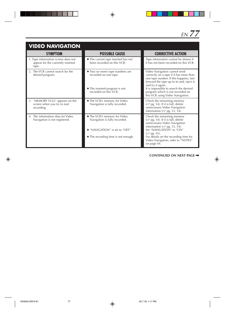 Video navigation, Corrective action, Symptom | Possible cause | JVC SR-VD400U User Manual | Page 77 / 92