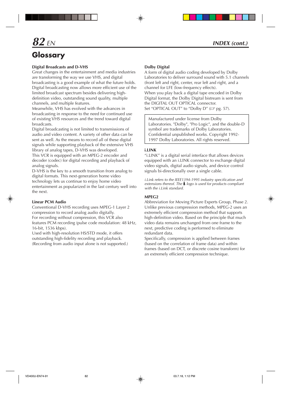 Index, Glossary | JVC SR-VD400U User Manual | Page 82 / 92