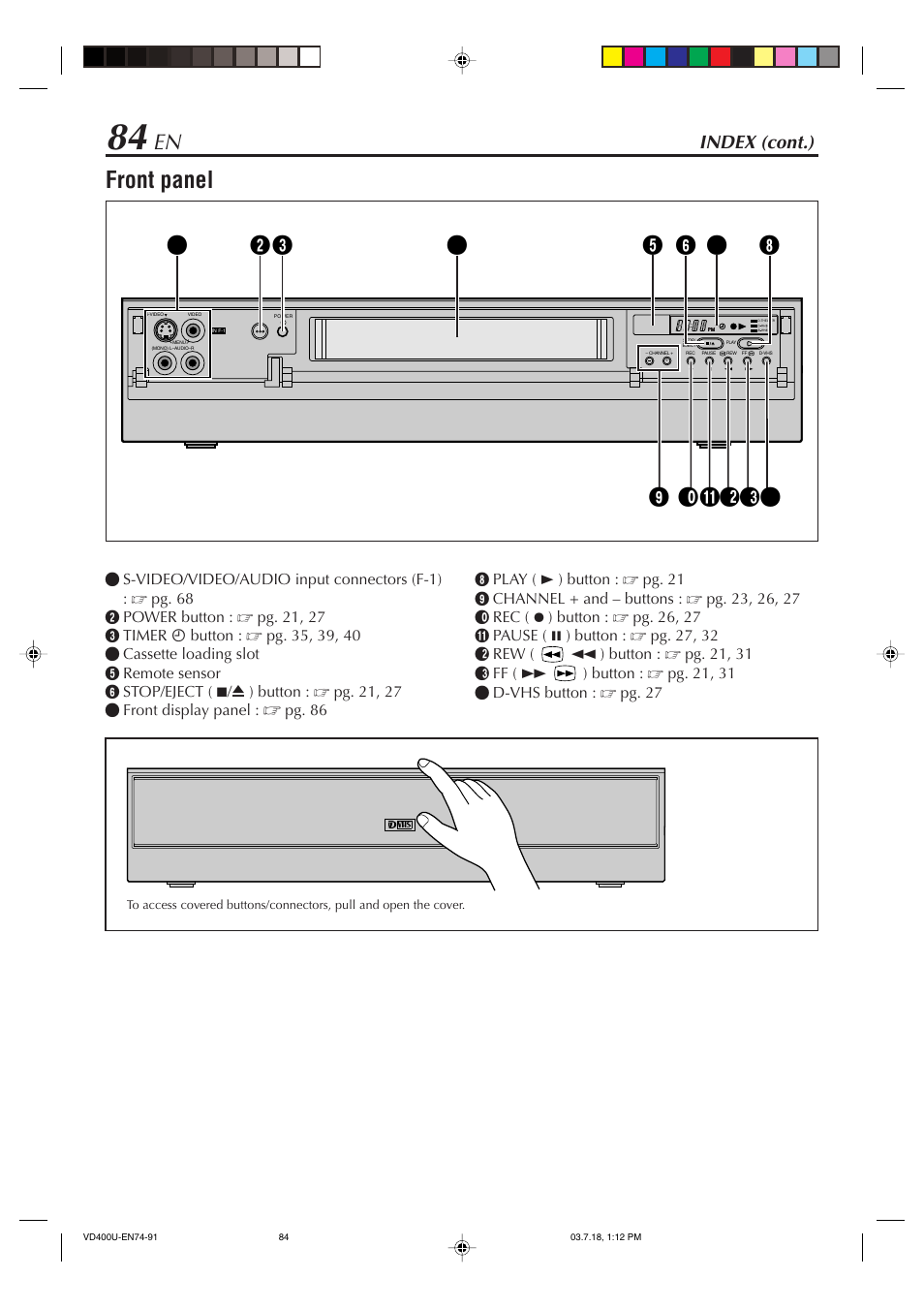 Front panel, Index (cont.) | JVC SR-VD400U User Manual | Page 84 / 92