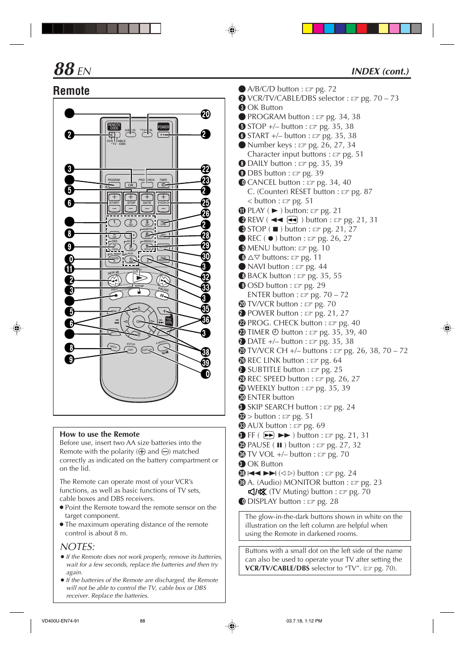 Remote, Index (cont.) | JVC SR-VD400U User Manual | Page 88 / 92