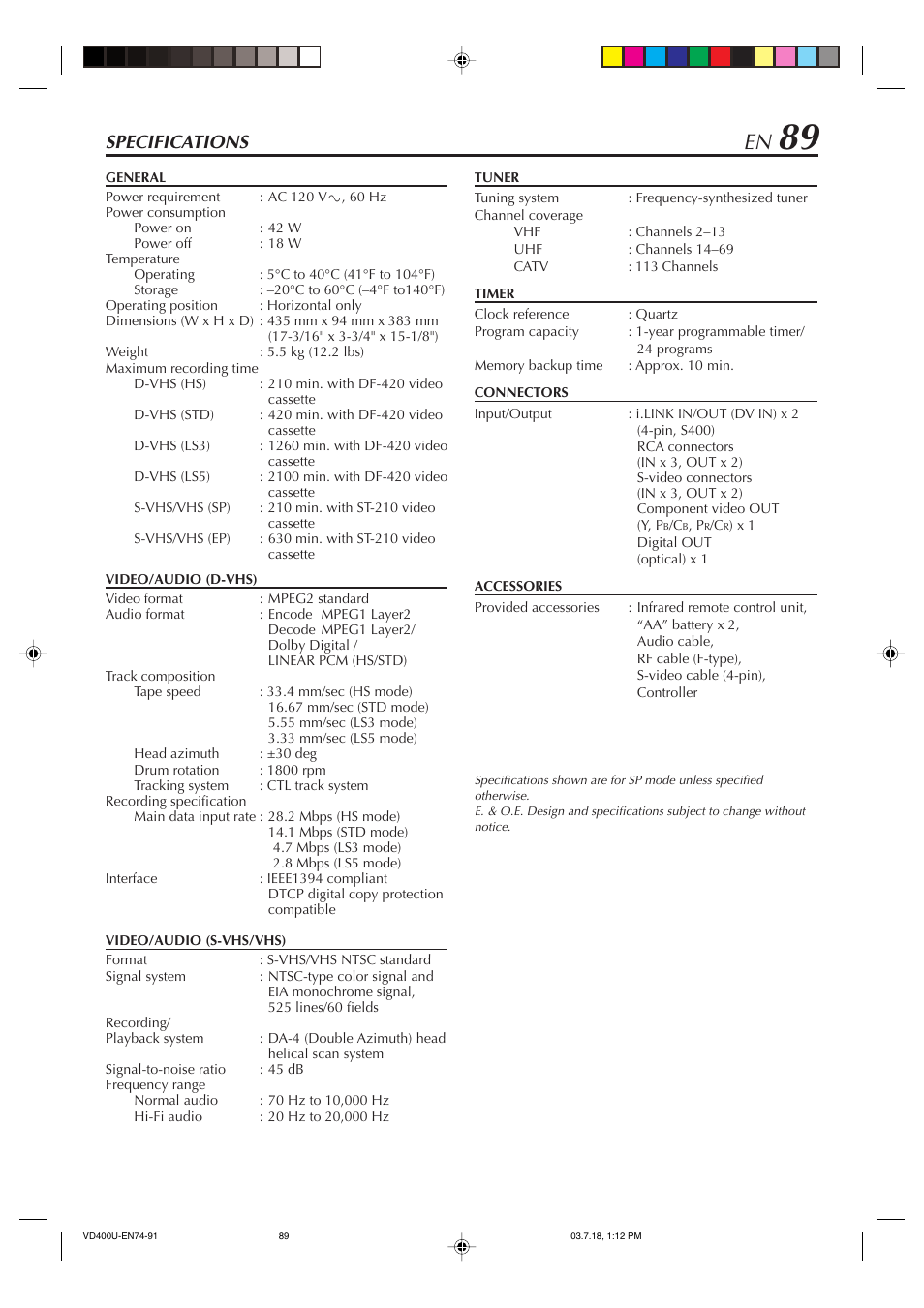 Specifications | JVC SR-VD400U User Manual | Page 89 / 92