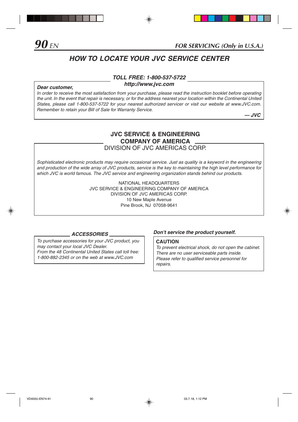 For servicing (only in u.s.a.), En how to locate your jvc service center | JVC SR-VD400U User Manual | Page 90 / 92