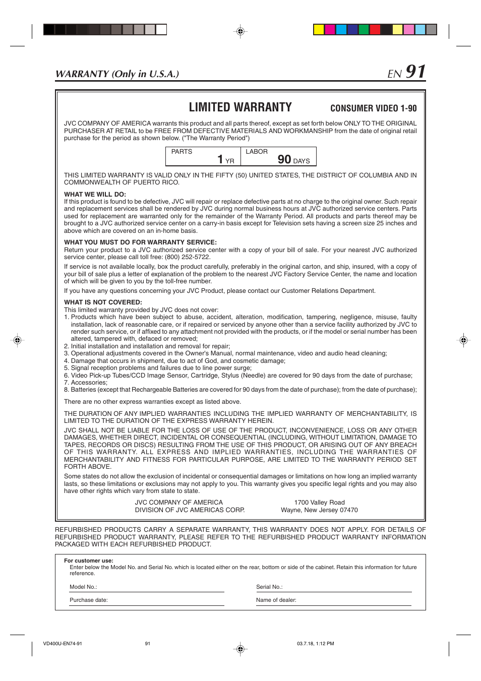 Warranty (only in u.s.a.), Limited warranty | JVC SR-VD400U User Manual | Page 91 / 92