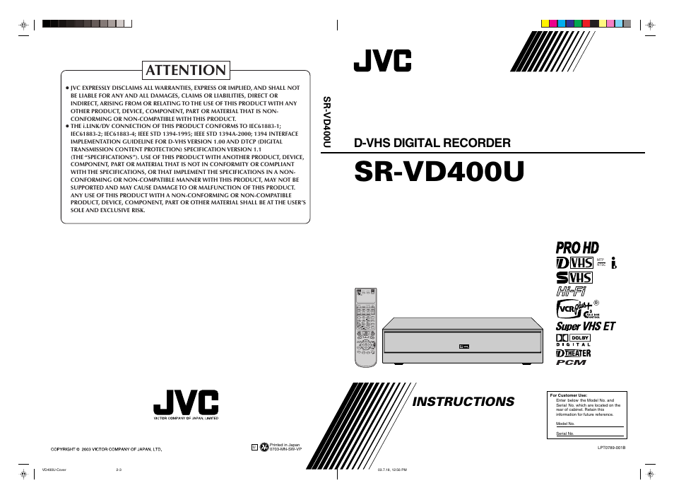 Attention, Back cover, Sr-vd400u | Instructions, D-vhs digital recorder, Abc def ghi jkl mno pqrs tuv wxyz aux | JVC SR-VD400U User Manual | Page 92 / 92
