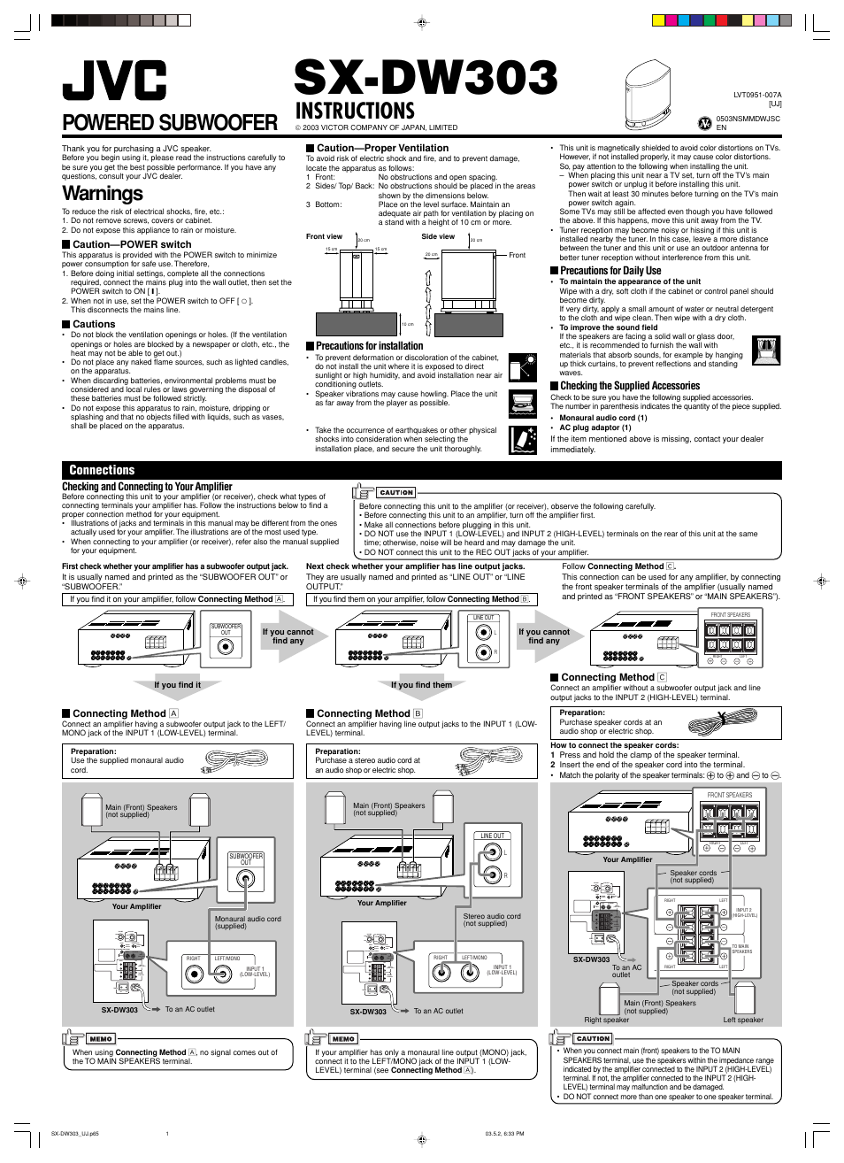 JVC POWERED SUBWOOFER SX-DW303 User Manual | 2 pages