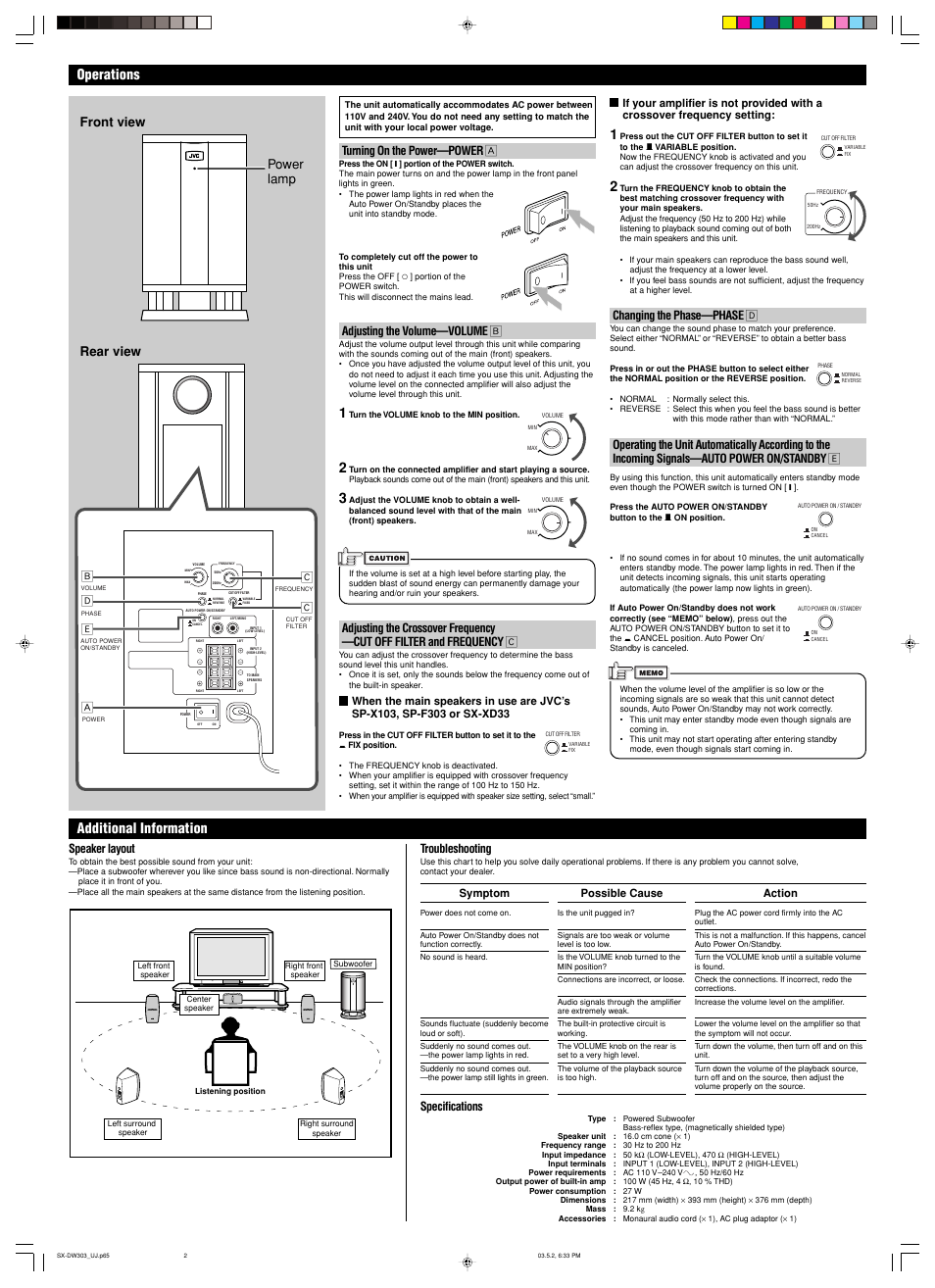 Operations, Additional information, Troubleshooting | Specifications, Front view rear view, Power lamp, Ез ı з о, Changing the phase—phase î, Speaker layout, Turning on the power—power å | JVC POWERED SUBWOOFER SX-DW303 User Manual | Page 2 / 2