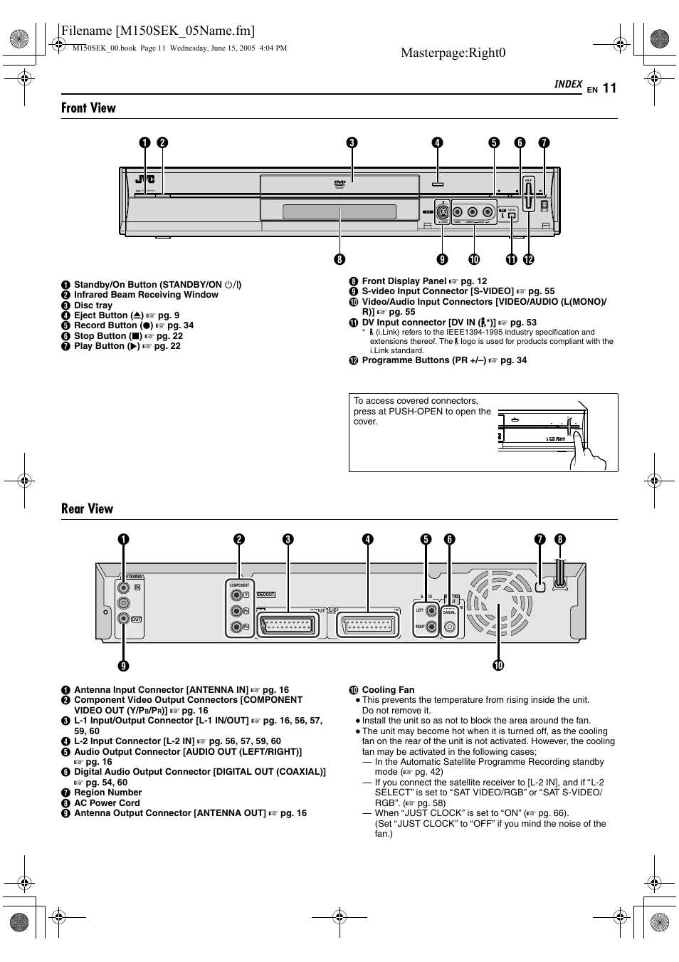 Index, Masterpage:right0, Front view | Rear view | JVC DR-M150SEK User Manual | Page 11 / 76