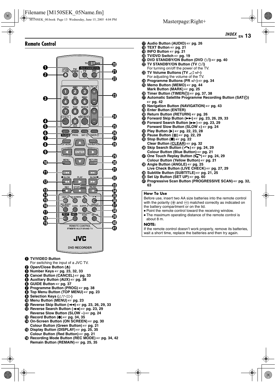 13 illustr, Masterpage:right, Remote control | JVC DR-M150SEK User Manual | Page 13 / 76