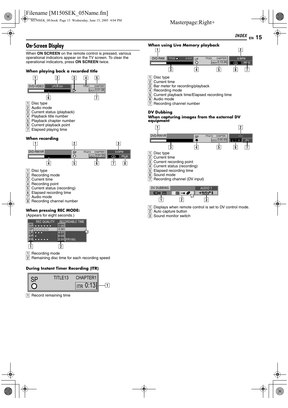 Masterpage:right, On-screen display, Title13 itr chapter1 | JVC DR-M150SEK User Manual | Page 15 / 76