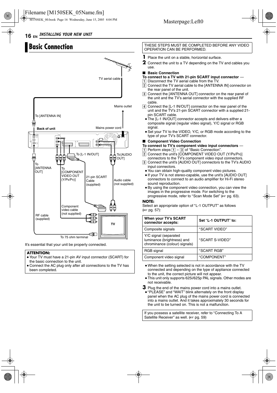 Installing your new unit, Basic connection, A pg. 16 | A pg. 16, 56, 57 | JVC DR-M150SEK User Manual | Page 16 / 76