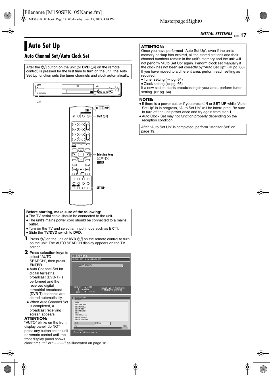 Initial settings, Auto set up, Masterpage:right0 | Auto channel set/auto clock set | JVC DR-M150SEK User Manual | Page 17 / 76