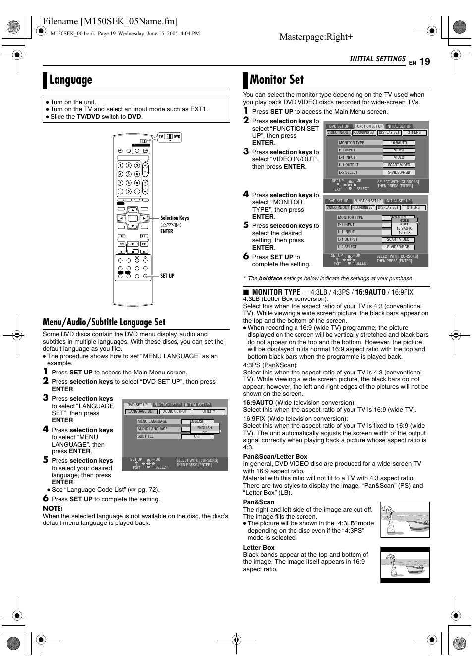 Language, Monitor set, Language monitor set | A pg. 19, Amonitor setb on, Masterpage:right, Menu/audio/subtitle language set, Initial settings, Monitor type, 9auto | JVC DR-M150SEK User Manual | Page 19 / 76