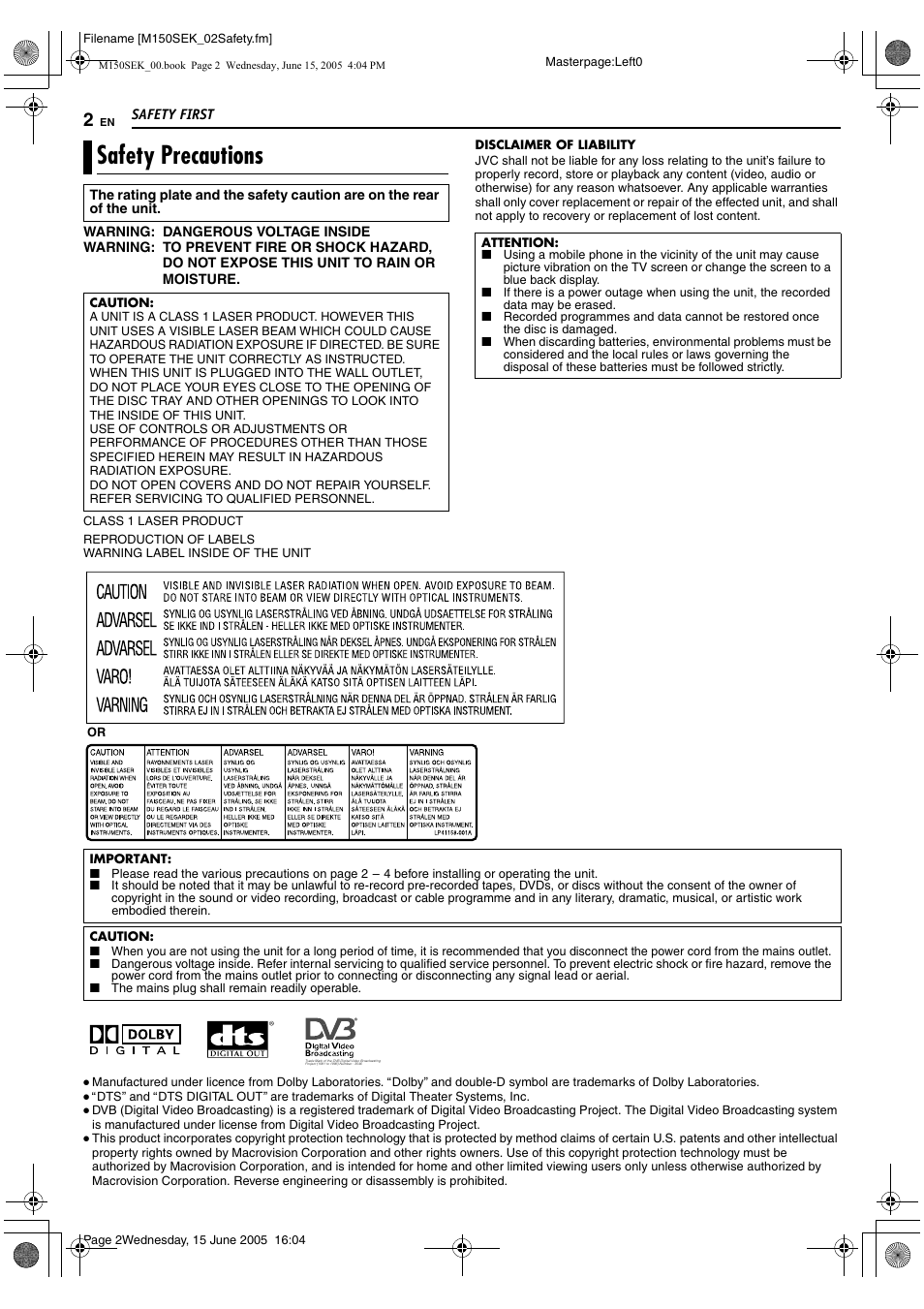 Safety first, Safety precautions | JVC DR-M150SEK User Manual | Page 2 / 76