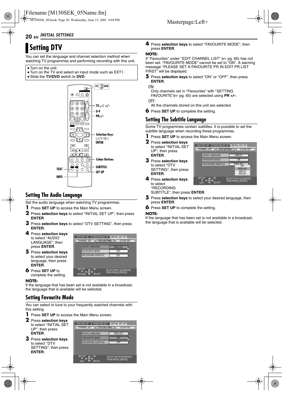 Setting dtv, Setting the audio language, Setting favourite mode | Setting the subtitle language, Initial settings | JVC DR-M150SEK User Manual | Page 20 / 76