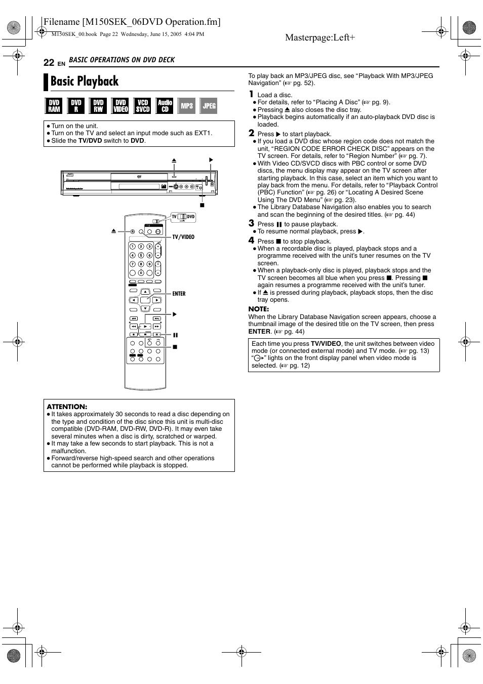 Basic playback, A pg. 22, A pg. 22, 23, 28 | A pg. 22, 2 | JVC DR-M150SEK User Manual | Page 22 / 76