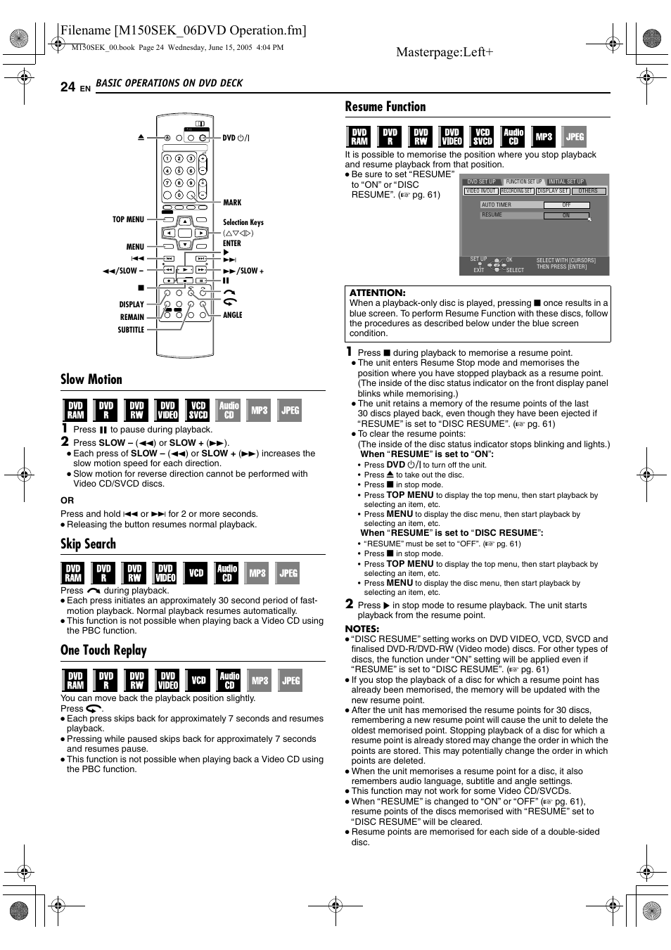 A pg. 24, A pg. 24, 29, Slow motion | Skip search, One touch replay, Resume function | JVC DR-M150SEK User Manual | Page 24 / 76