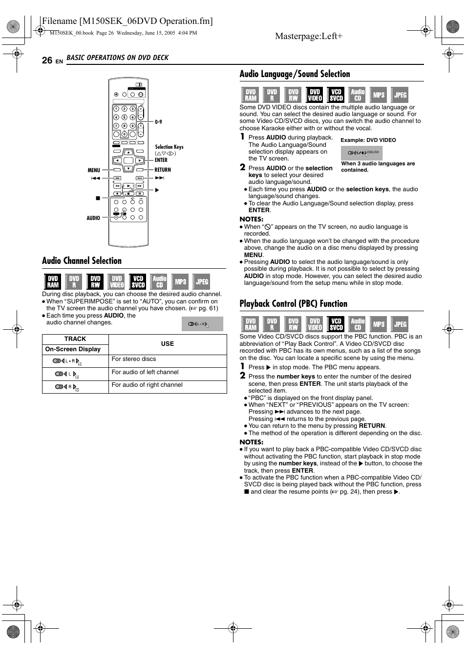 A pg. 26, R to, Aplayback control | Pbc) function, B (a pg. 26) or, Audio channel selection, Audio language/sound selection, Playback control (pbc) function | JVC DR-M150SEK User Manual | Page 26 / 76