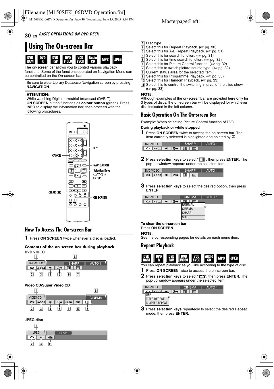 Using the on-screen bar, A pg. 30, 31, A pg. 30 | How to access the on-screen bar, Basic operation on the on-screen bar, Repeat playback | JVC DR-M150SEK User Manual | Page 30 / 76