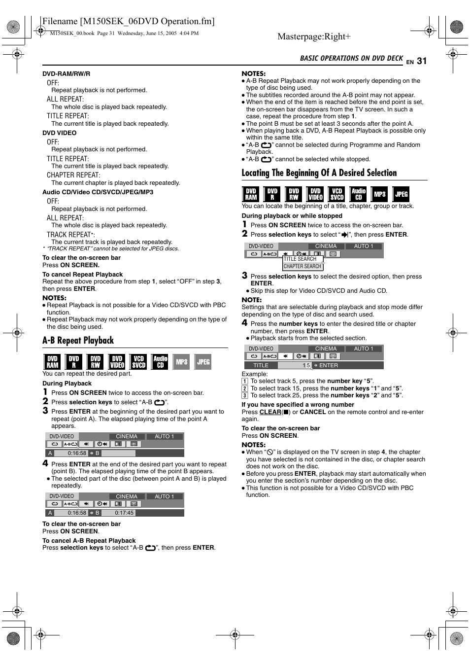 A pg. 31), Or search function. (a pg. 31), Masterpage:right | A-b repeat playback, Locating the beginning of a desired selection | JVC DR-M150SEK User Manual | Page 31 / 76