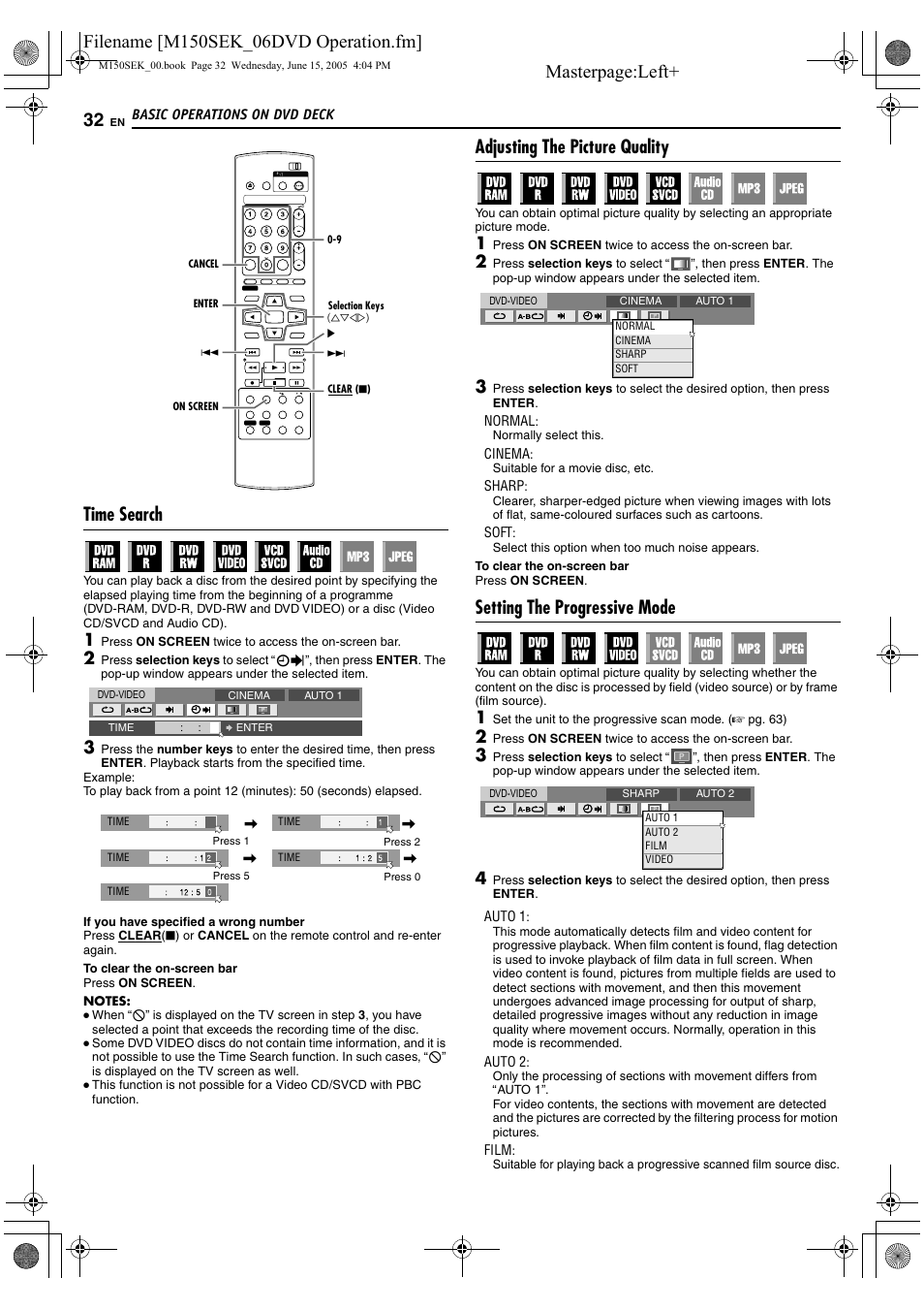 A pg. 32, N. (a pg. 32), Or picture control function. (a pg. 32) | A pg. 32), Time search, Adjusting the picture quality, Setting the progressive mode | JVC DR-M150SEK User Manual | Page 32 / 76