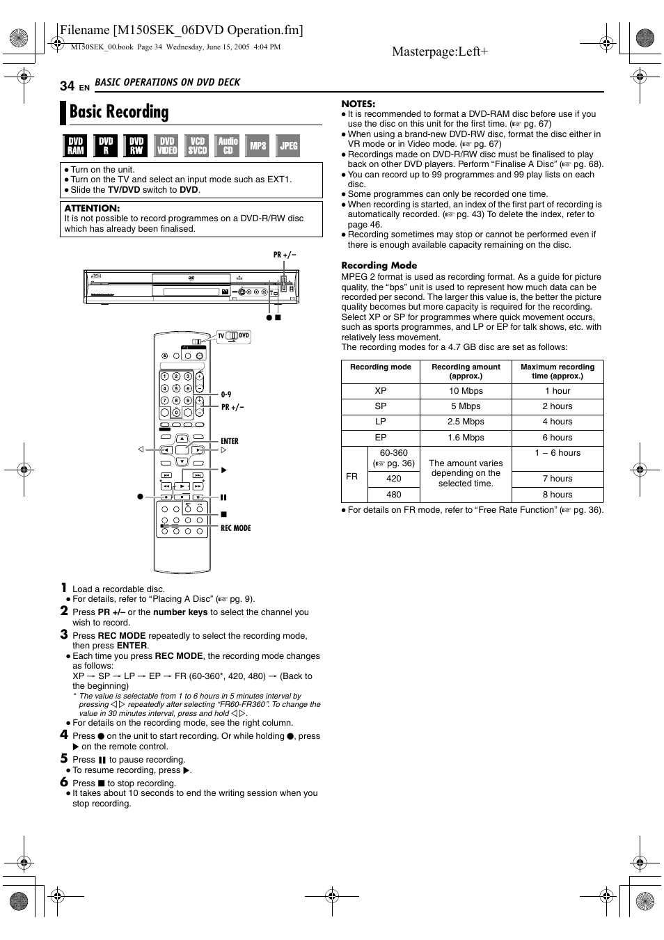 Basic recording, A pg. 34, A pg. 34, 35 | A pg. 34, 42 | JVC DR-M150SEK User Manual | Page 34 / 76