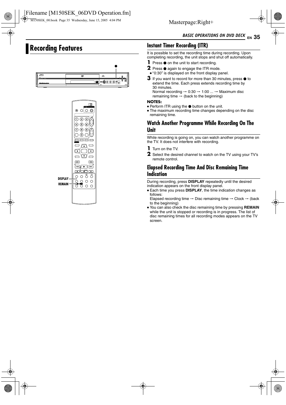 Recording features, Masterpage:right, Instant timer recording (itr) | JVC DR-M150SEK User Manual | Page 35 / 76