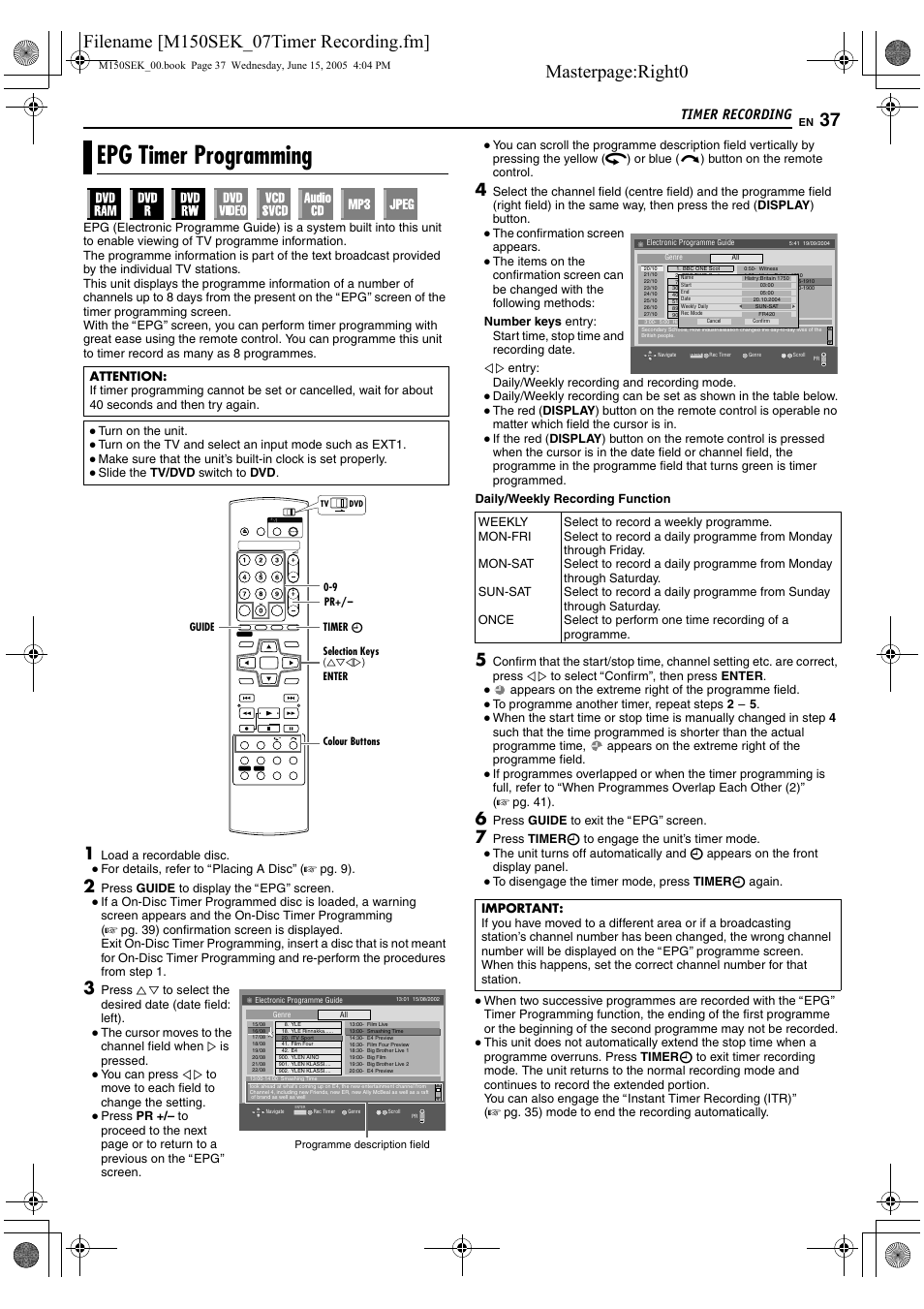 Timer recording, Epg timer programming, A pg. 37 | A pg. 37, 3, Mming. (a pg. 37), Recording (a pg. 37, 38), Aepg timer programmingb (a pg. 37) procedure, Masterpage:right0 | JVC DR-M150SEK User Manual | Page 37 / 76