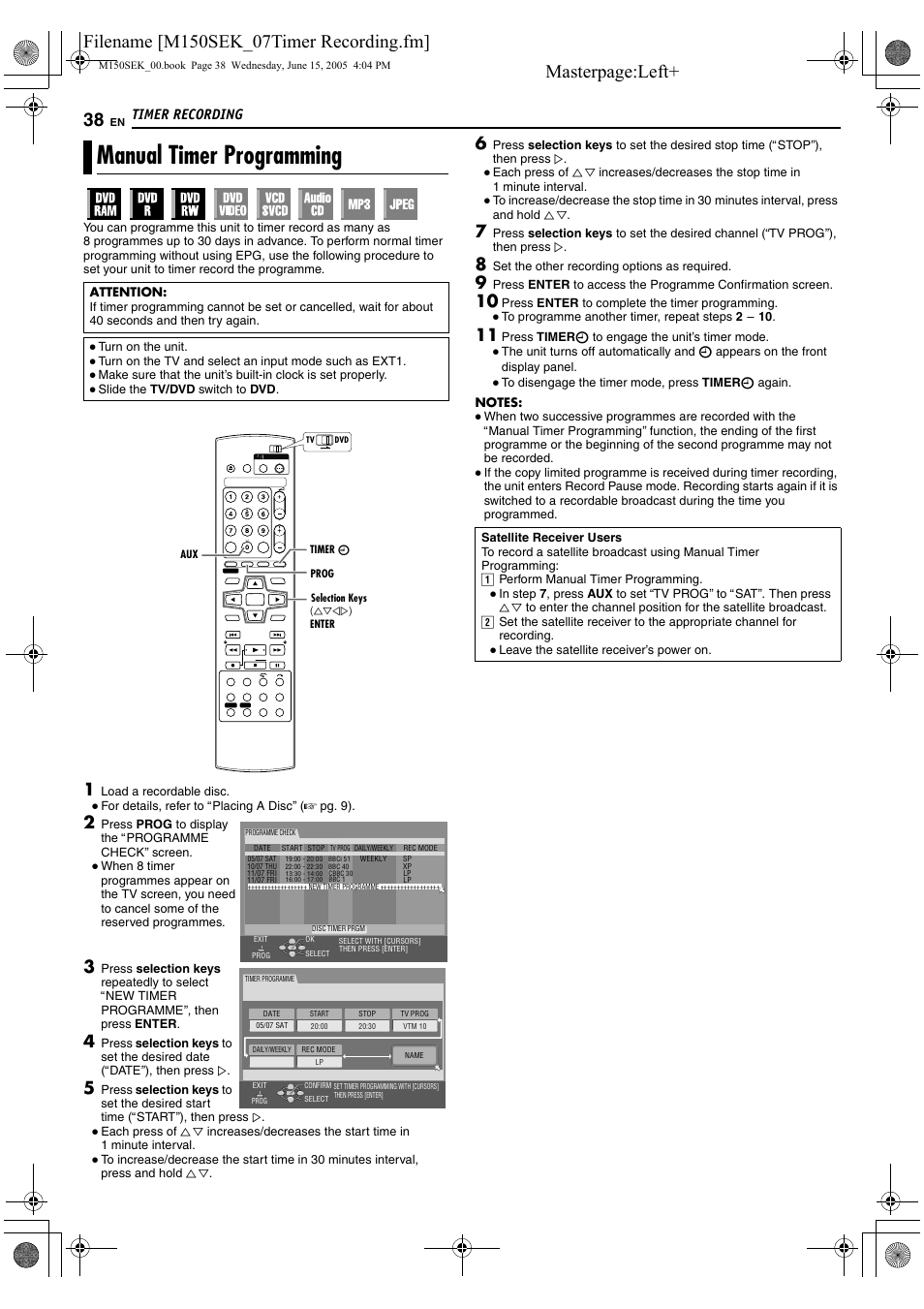 Manual timer programming, A pg. 38, Timer recording | JVC DR-M150SEK User Manual | Page 38 / 76