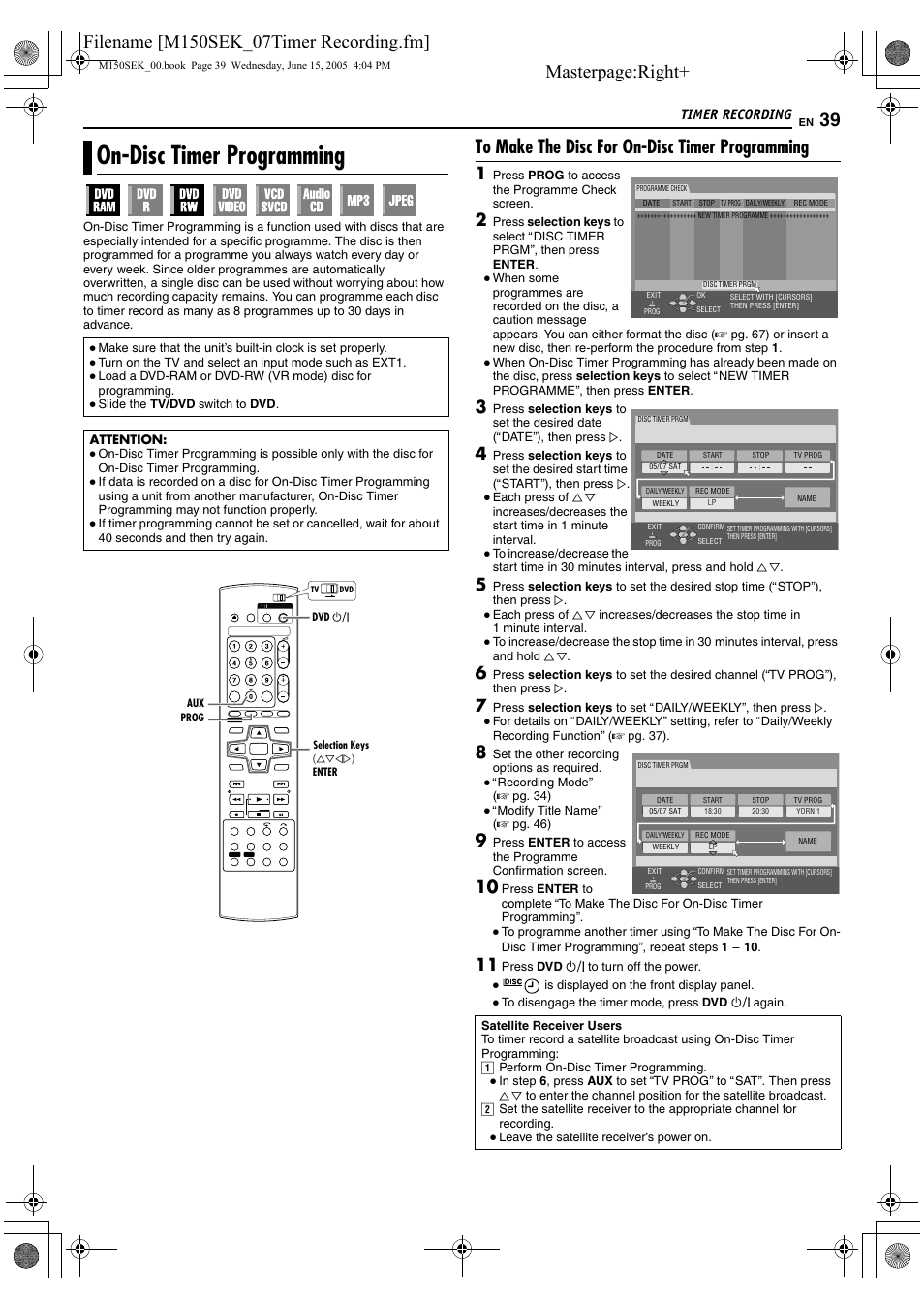 On-disc timer programming, A pg. 39, A pg. 39) confir | Masterpage:right, Timer recording | JVC DR-M150SEK User Manual | Page 39 / 76