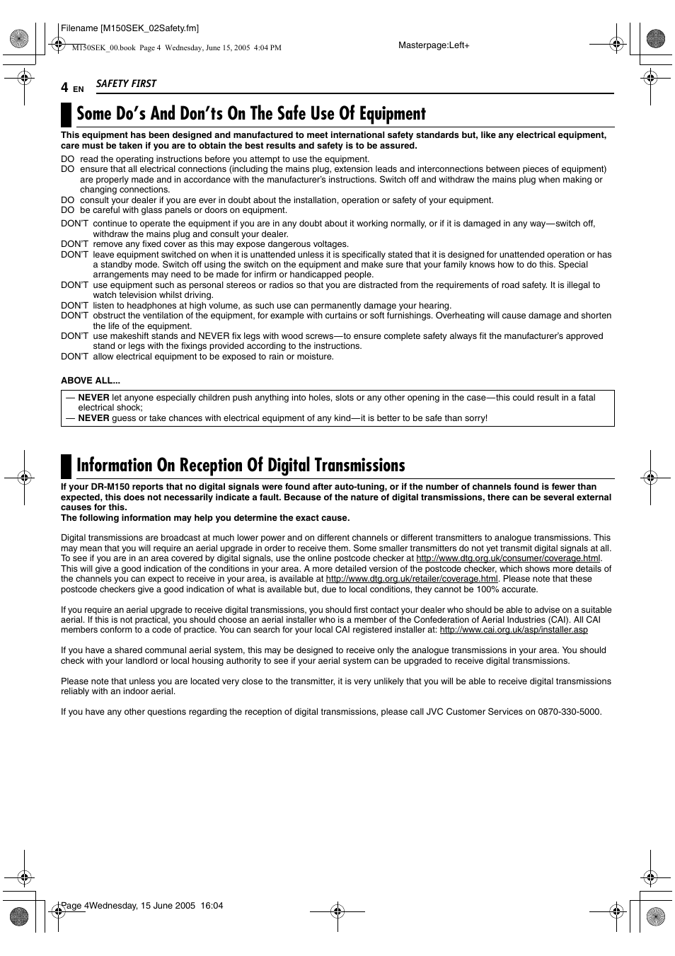 Some do’s and don’ts on the safe use of equipment, Information on reception of digital transmissions | JVC DR-M150SEK User Manual | Page 4 / 76