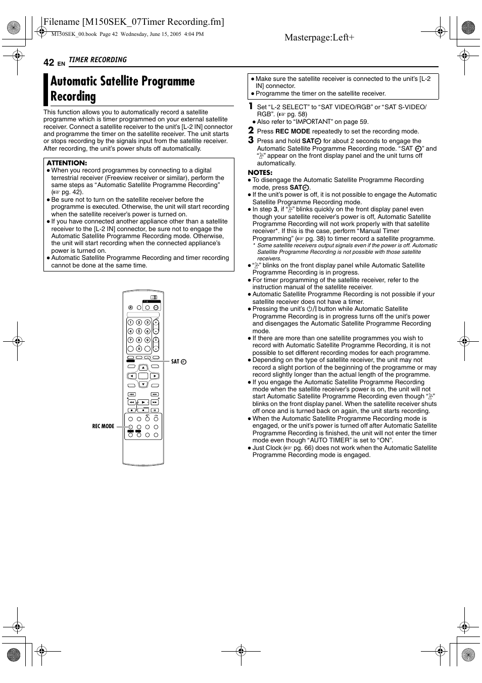 Automatic satellite programme recording, Mode (a pg. 42), Or a pg. 42 | A pg. 42 | JVC DR-M150SEK User Manual | Page 42 / 76