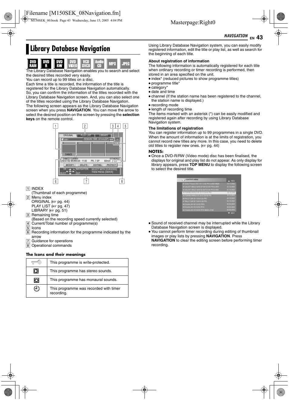 Navigation, Library database navigation, A pg. 43 | Tomatically recorded. (a pg. 43) t, Masterpage:right0 | JVC DR-M150SEK User Manual | Page 43 / 76