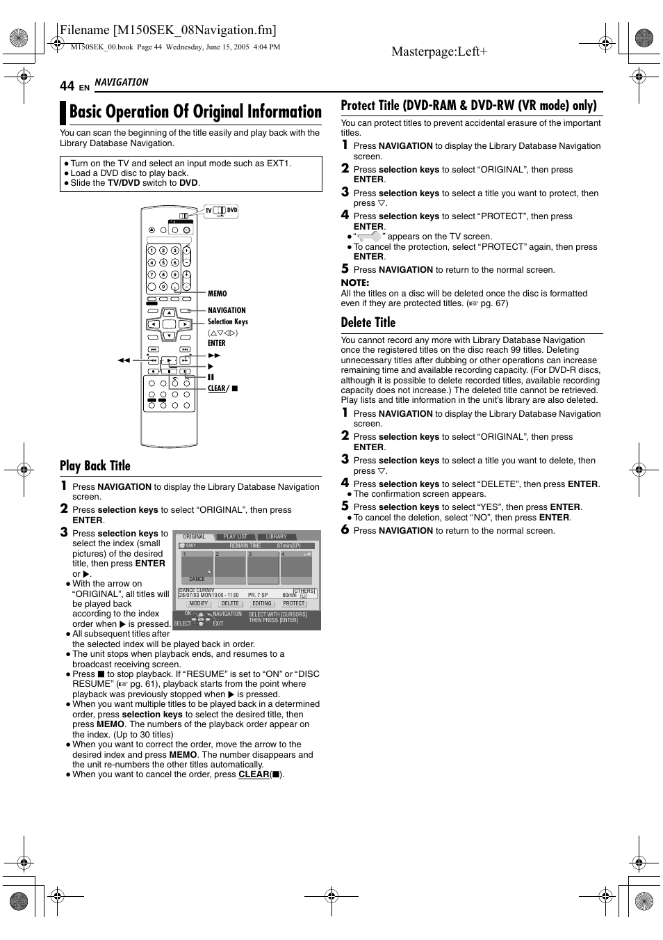 Basic operation of original information, A pg. 44, A pg. 44) | Original (a pg. 44), Play back title, Protect title (dvd-ram & dvd-rw (vr mode) only), Delete title | JVC DR-M150SEK User Manual | Page 44 / 76