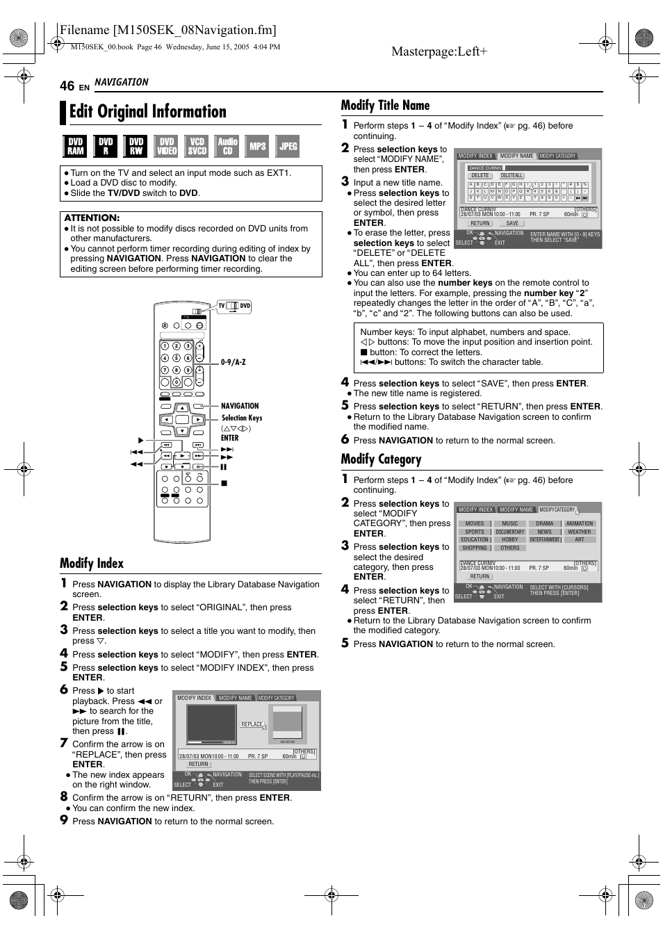 Edit original information, Amodify title nameb (a pg. 46), Modify index | Modify title name, Modify category, Navigation | JVC DR-M150SEK User Manual | Page 46 / 76