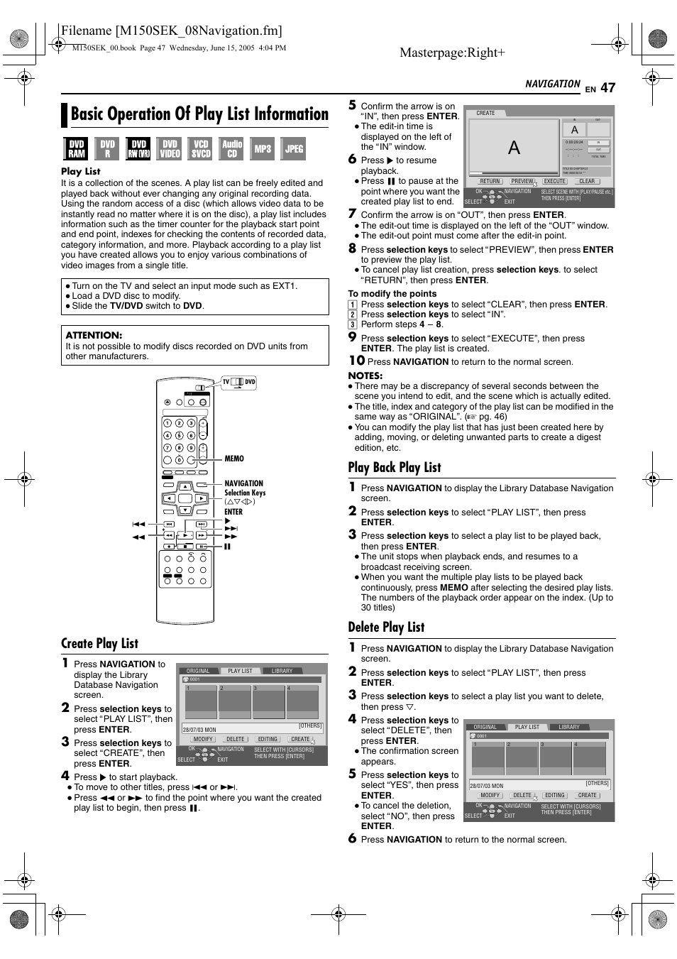 Basic operation of play list information, A pg. 47), Masterpage:right | Create play list, Play back play list, Delete play list, Navigation | JVC DR-M150SEK User Manual | Page 47 / 76