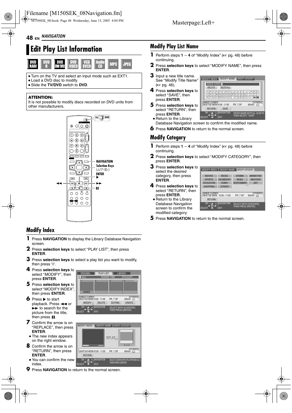 Edit play list information, Modify index, Modify play list name | Modify category, Navigation | JVC DR-M150SEK User Manual | Page 48 / 76