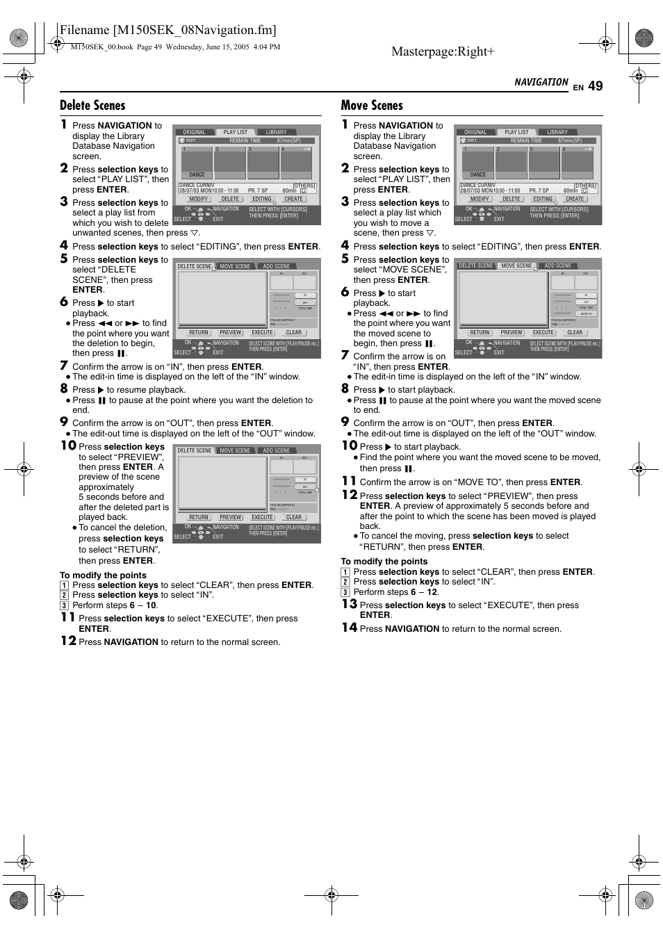 Masterpage:right, Delete scenes, Move scenes | Navigation | JVC DR-M150SEK User Manual | Page 49 / 76