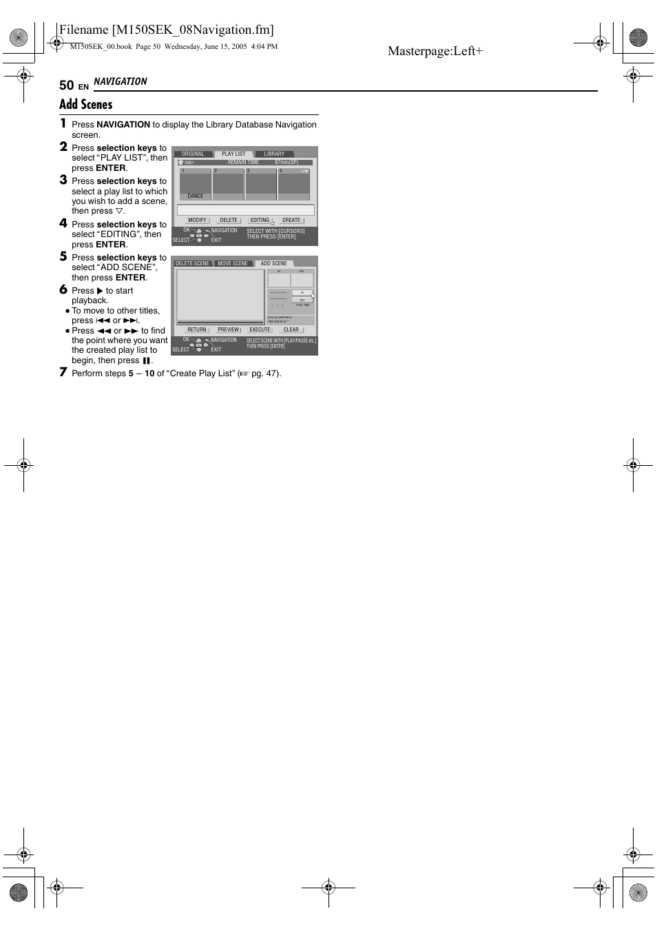 Add scenes, Navigation | JVC DR-M150SEK User Manual | Page 50 / 76