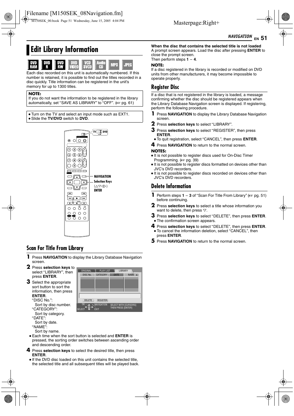 Edit library information, Y (a pg. 51), Masterpage:right | Scan for title from library, Register disc, Delete information | JVC DR-M150SEK User Manual | Page 51 / 76