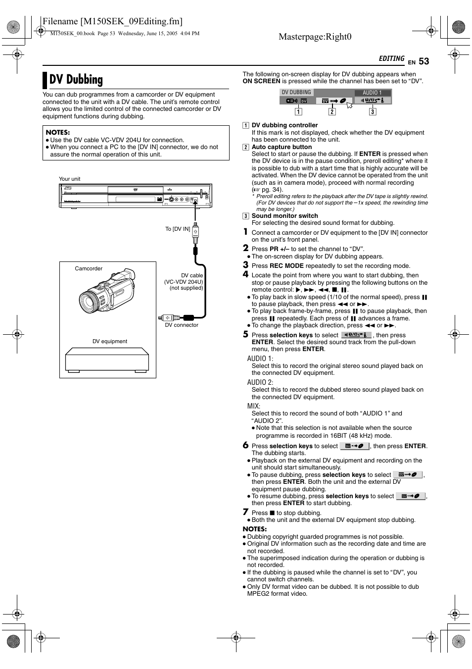 Editing, Dv dubbing, A pg. 53 | Masterpage:right0 | JVC DR-M150SEK User Manual | Page 53 / 76
