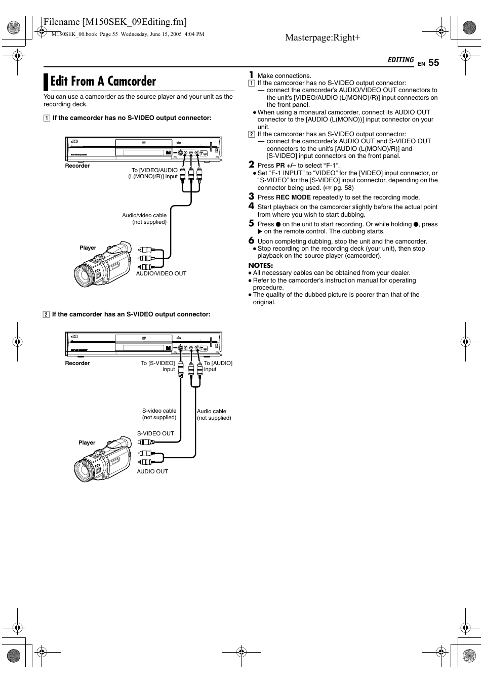 Edit from a camcorder, A pg. 55, Masterpage:right | JVC DR-M150SEK User Manual | Page 55 / 76