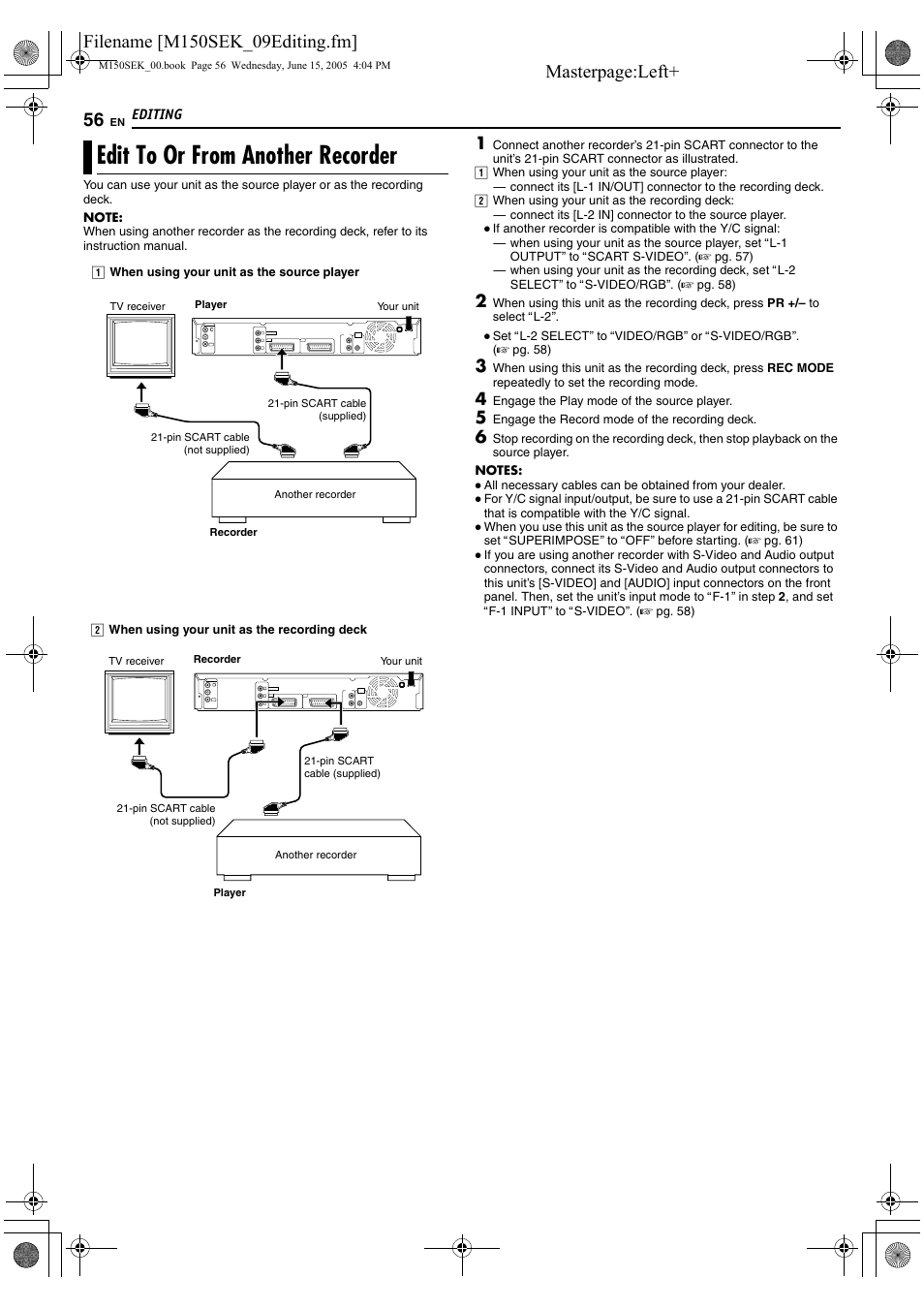 Edit to or from another recorder, A pg. 56, 57, 59, 60 | JVC DR-M150SEK User Manual | Page 56 / 76