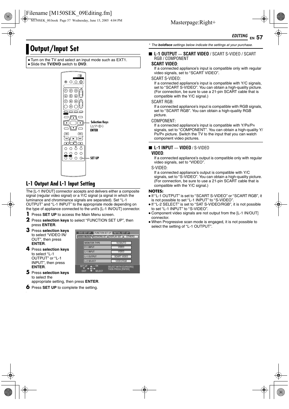 Output/input set, A pg. 57), Masterpage:right | L-1 output and l-1 input setting | JVC DR-M150SEK User Manual | Page 57 / 76