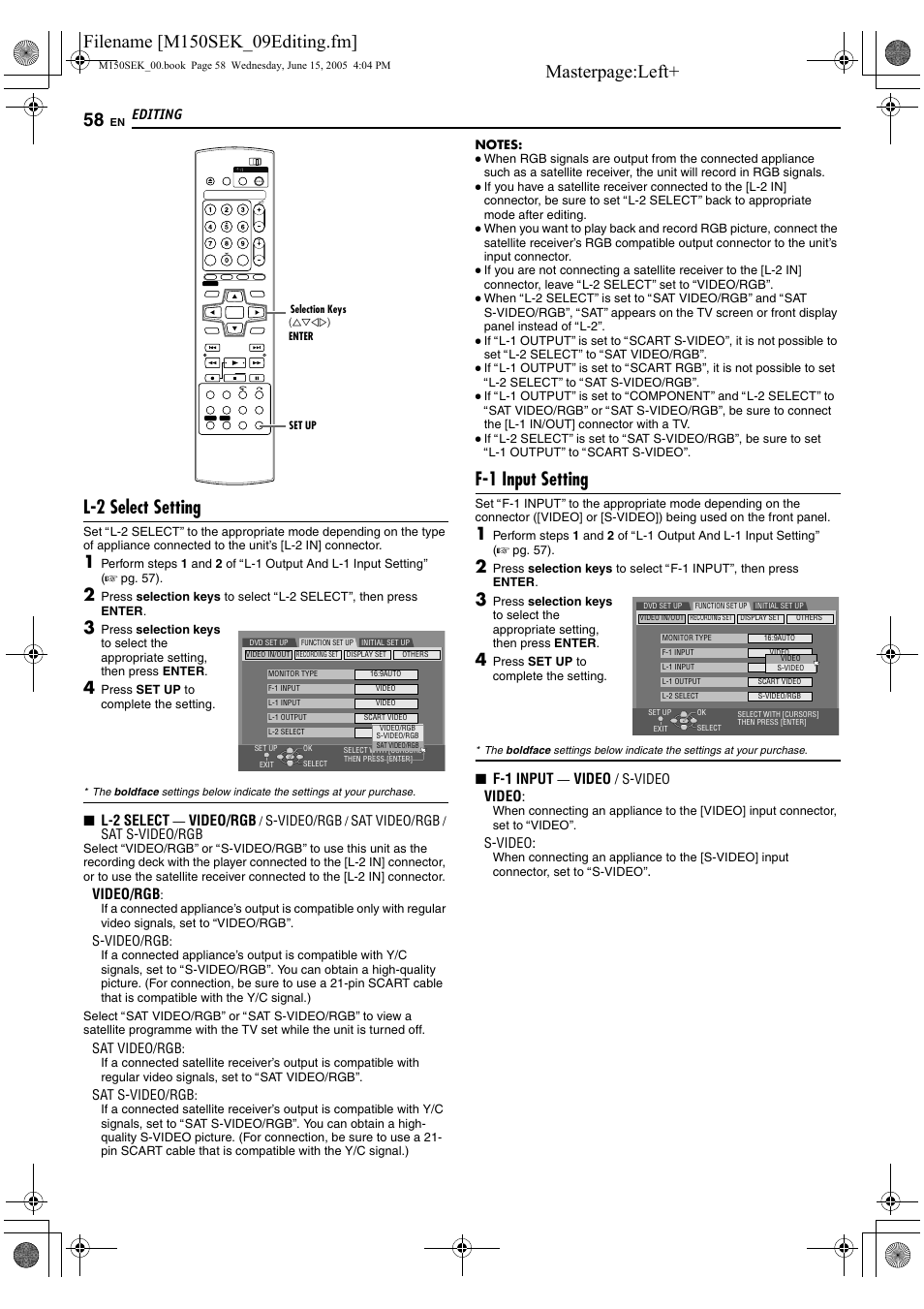 A pg. 58), L-2 select setting, F-1 input setting | Editing, L-2 select, Video/rgb, F-1 input, Video | JVC DR-M150SEK User Manual | Page 58 / 76