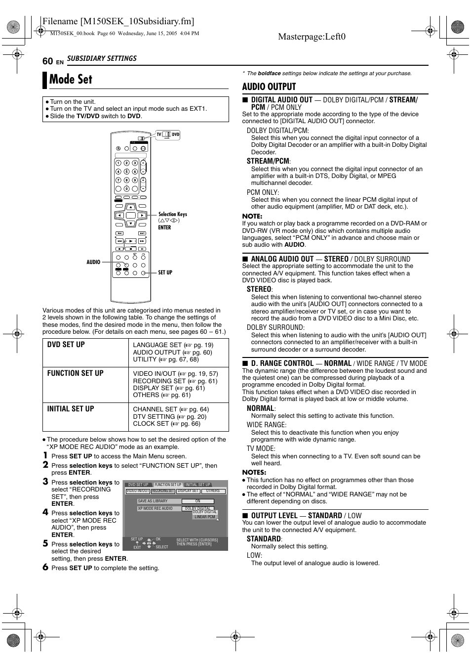 Subsidiary settings, Mode set, A pg. 60 | A pg. 60), Audio output | JVC DR-M150SEK User Manual | Page 60 / 76