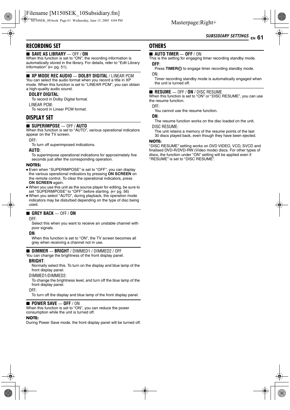 A pg. 61) f, A pg. 61), Pg. 61) | Ting. (a pg. 61), Masterpage:right, Recording set, Display set, Others | JVC DR-M150SEK User Manual | Page 61 / 76