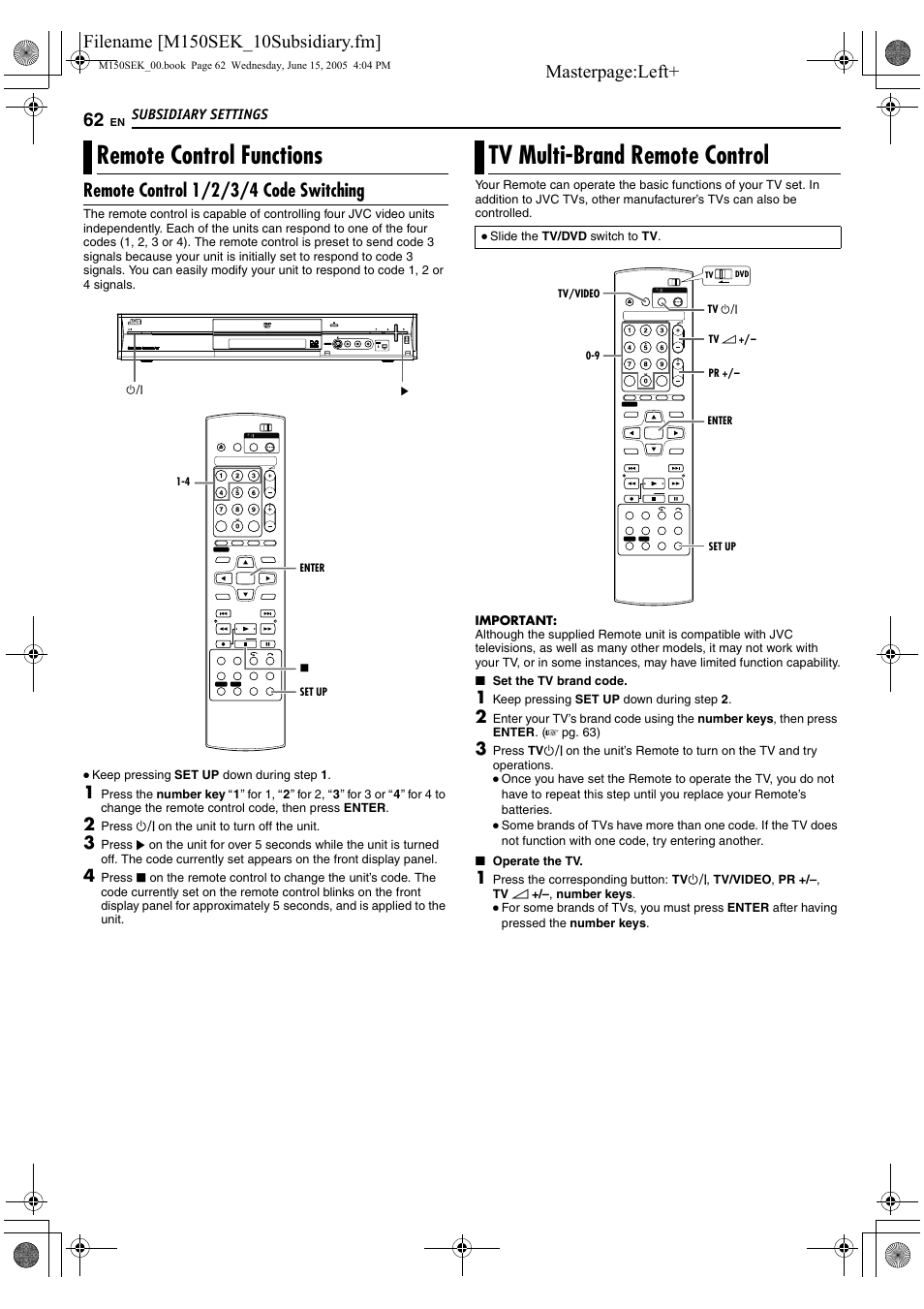 Remote control functions, Tv multi-brand remote control, Remote control 1/2/3/4 code switching | JVC DR-M150SEK User Manual | Page 62 / 76