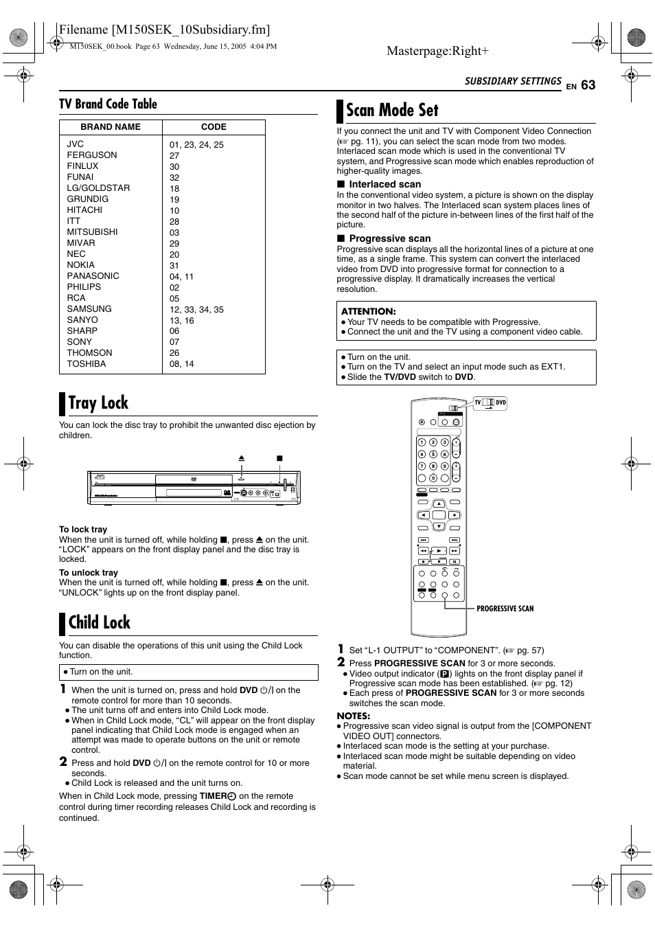 Tray lock, Child lock, Scan mode set | Tray lock child lock scan mode set, A pg. 63, Ascan mode setb (a pg. 63), Tray lock child lock, Masterpage:right, Tv brand code table | JVC DR-M150SEK User Manual | Page 63 / 76